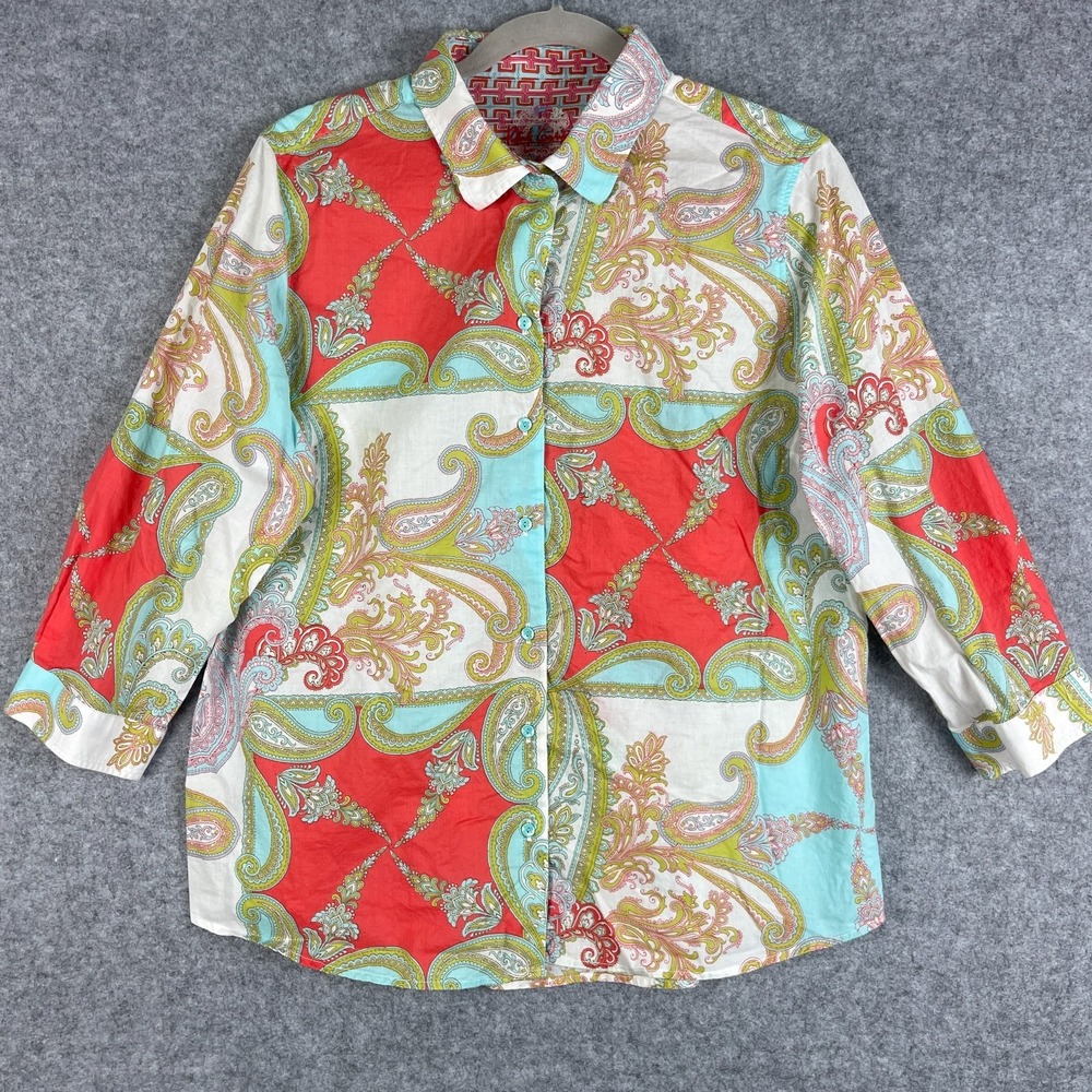 Robert Graham Top Womens Large Paisley Button Up 3/4 Sleeve Lightweight Artsy